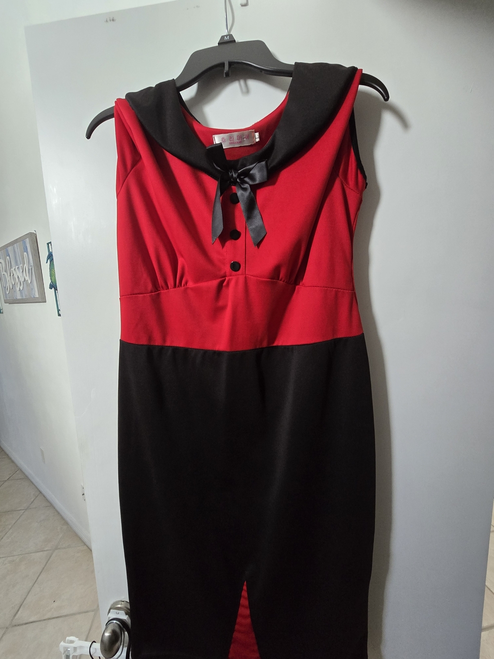 Vintage-Inspired Red and Black Bow-Accent Maxi Dress